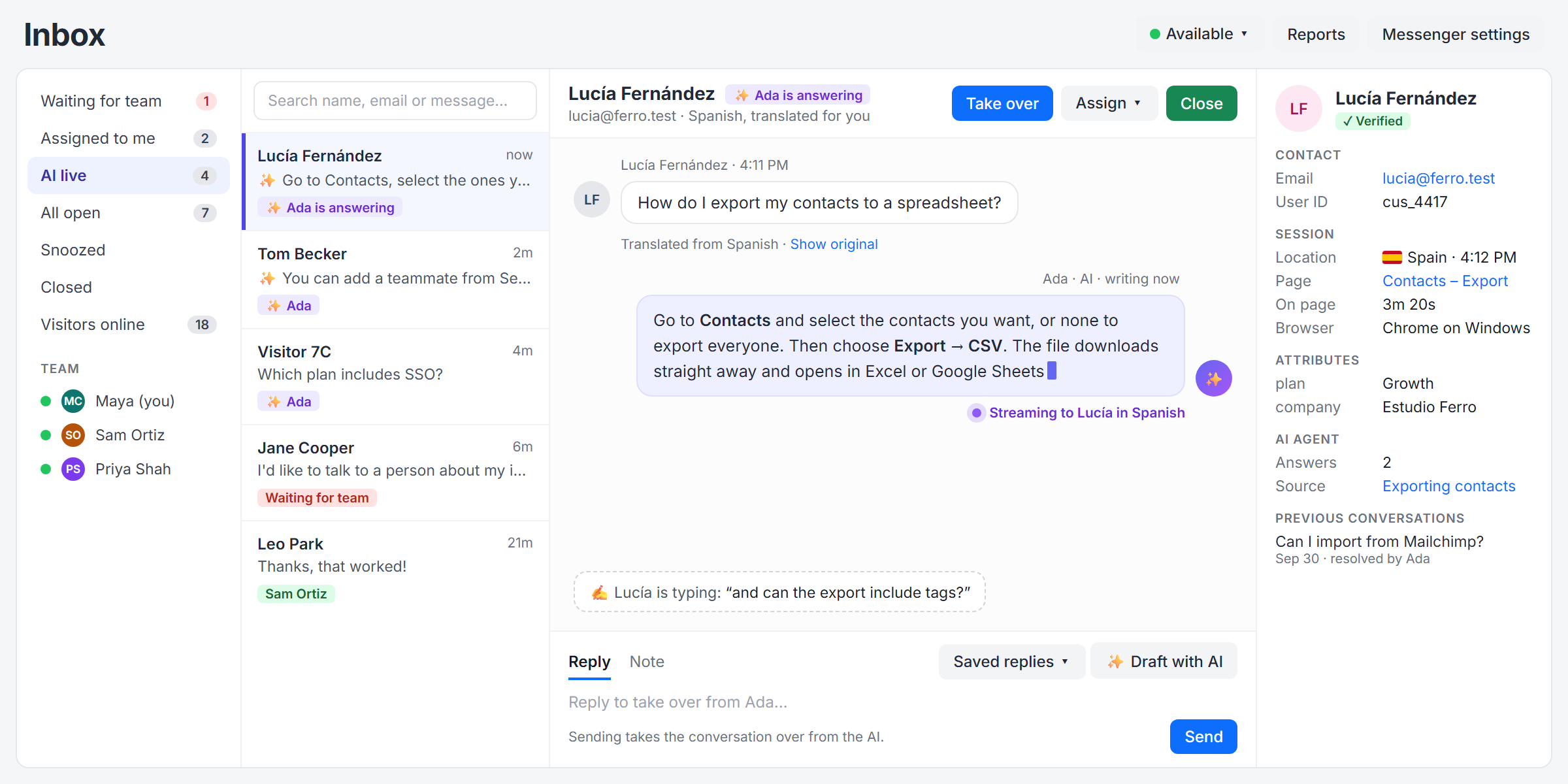 The Docent inbox: the AI agent answering a customer live, with the visitor's details alongside